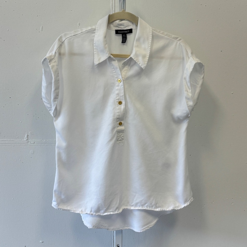 Ellen Tracy Womens White Lyocell Short Sleeve Boxy Button Top Shirt Size Medium